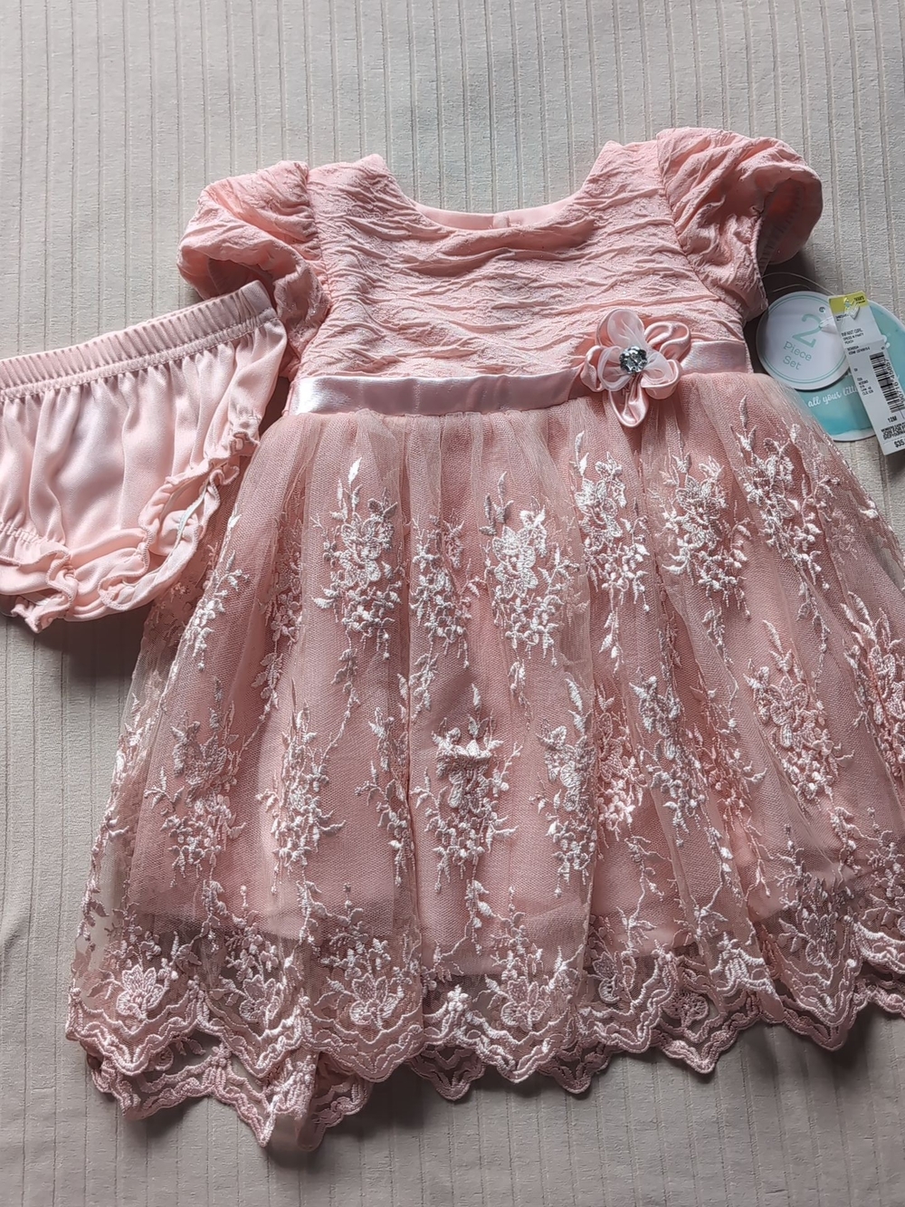 Nannette Baby Girl Pink Peach Floral Lace Formal Dress with Bloomers 12months